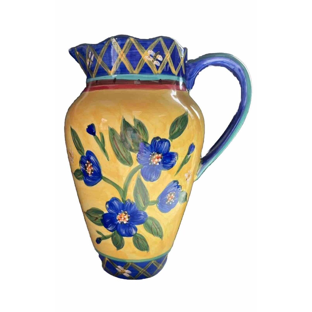 Normandy 10 in Centrum Linda Raffel Scalloped Blue Flowers Pitcher Bees Yellow
